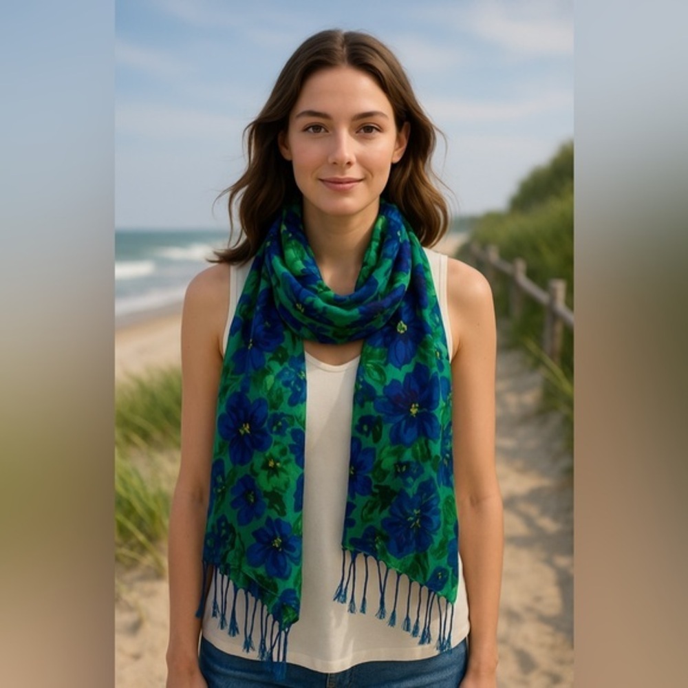 Floral Statement Floral Scarf  Green With Purple/Blue Flowers EUC 32" X 72"